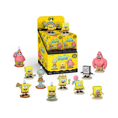 Caixa amarela com miniaturas de SpongeBob e personagens num display