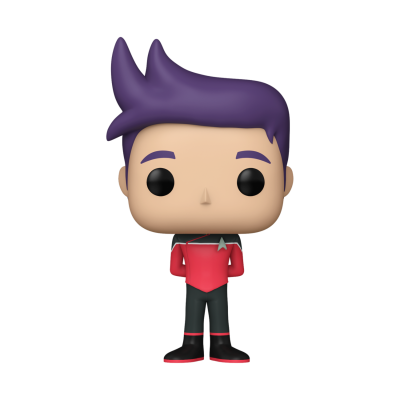 Boneco Funko Pop de personagem com cabelo roxo e uniforme vermelho e preto