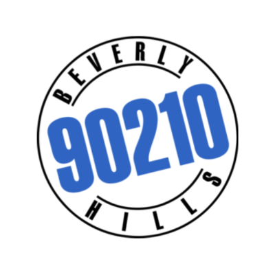 Logotipo redondo com 90210 em azul e texto Beverly Hills preto