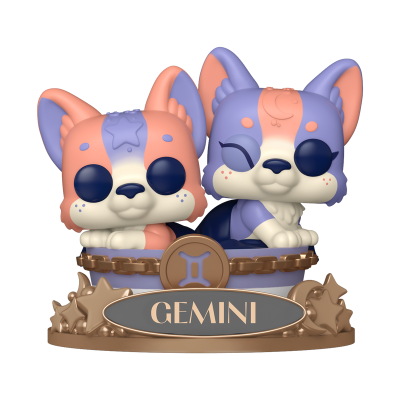Figura decorativa dos signos Gemini com duas personagens de cão em tons lilás e coral