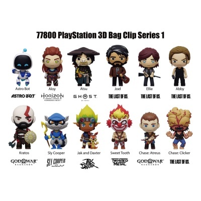 Pack de mini-figuras 3D da PlayStation com personagens de vários jogos, com nomes e logotipos dos jogos.