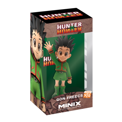Caixa com figura colecionável Gon Freecs da série Hunter x Hunter em roupa verde e detalhes laranja
