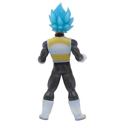 Figura de ação com cabelo azul espetado e roupa preta, branca e amarela, vista de trás