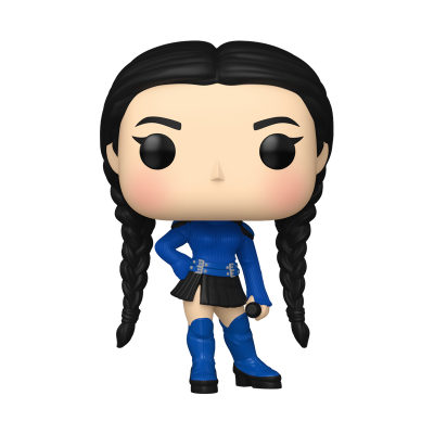 Figura Funko Pop de personagem feminina com cabelo preto e roupa azul e preta