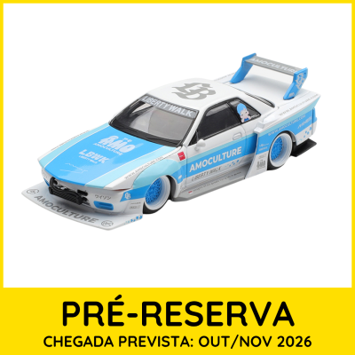 Modelo de carro de corrida em miniatura branco e azul com texto AMOCULTURE e LIBERTY WALK