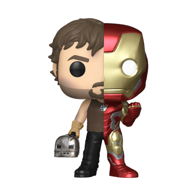 Funko Pop metade homem com capacete metálico na mão e metade armadura vermelha e dourada.