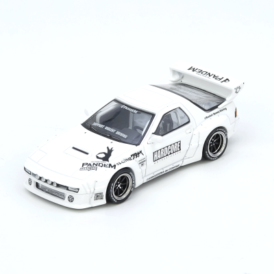 Miniatura de carro desportivo branco com detalhes e textos em preto