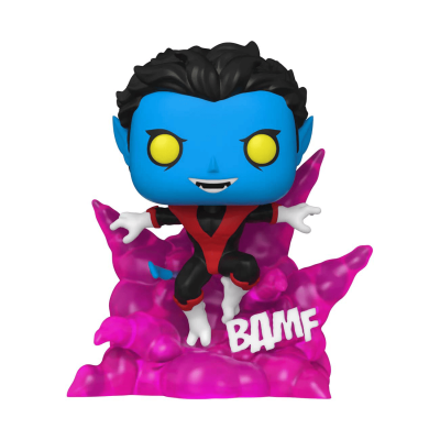 Funko Pop Noturno dos X-Men com base rosa e texto BAMF
