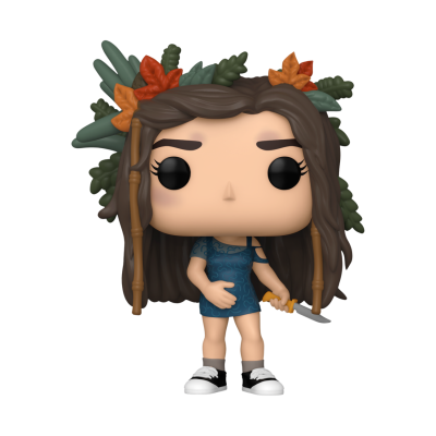 Boneco Funko Pop com vestido azul e flores na cabeça segurando faca