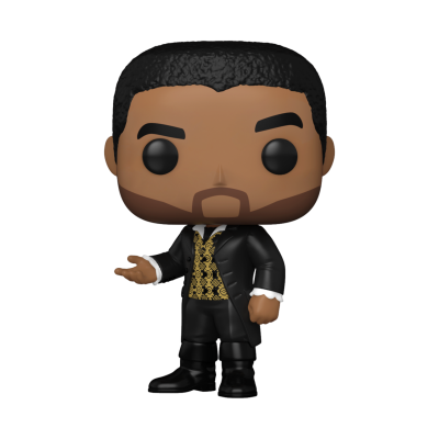 Figura Funko Pop estilizada de homem de cabelo preto e roupa preta com detalhes dourados
