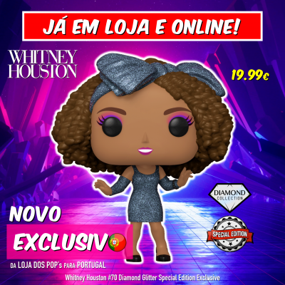 Figura colecionável Funko Pop da Whitney Houston com vestido brilhante azul e laço