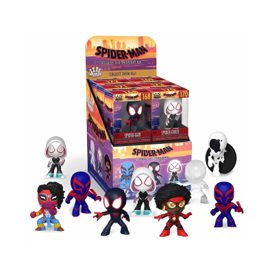 Expositor com figuras colecionáveis Spider-Man coloridas em miniatura