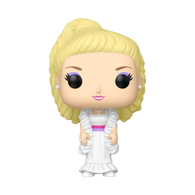Figura Funko Pop de personagem feminina com vestido branco e cabelo loiro.