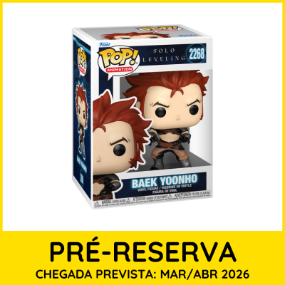 Funko Pop! Baek Yoonho Solo Leveling na caixa com fundo branco e faixa amarela de pré-reserva.