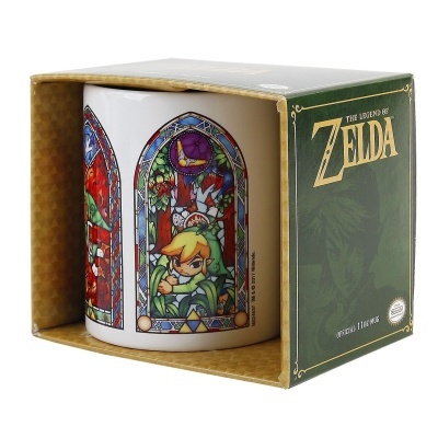 Caneca branca com desenho The Legend of Zelda em caixa verde