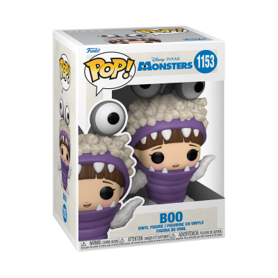 Figura Funko Pop! de Boo da série Monsters, embalagem branca com texto em azul e preto