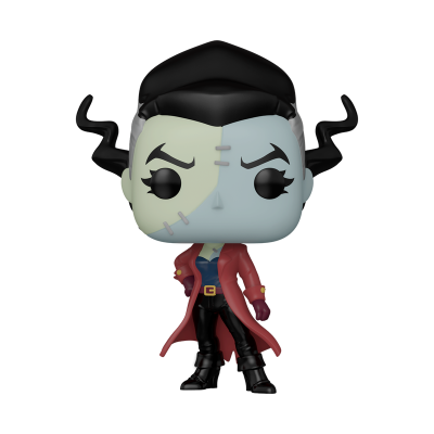 Figura Funko Pop com cabelo preto, casaco vermelho e rosto com duas cores divididas e cicatrizes