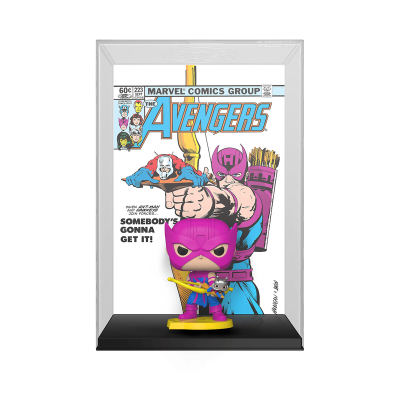 Figura Funko Pop de Hawkeye com revista Avengers ao fundo em caixa de acrílico