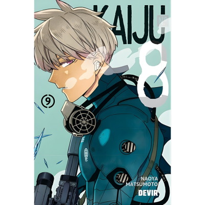 Capa de manga com personagem futurista masculino azul e texto KAIJU 8