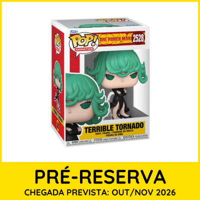 Figura Funko Pop! Terrible Tornado de One Punch Man, cabelo verde e roupa preta, caixa vermelha e branca.