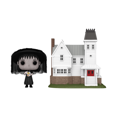 Figura colecionável Funko Pop com personagem em vestido preto e miniatura de casa branca