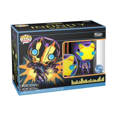 Caixa Funko Pop! personagem com máscara amarela e roxa em roupa preta com púrpura