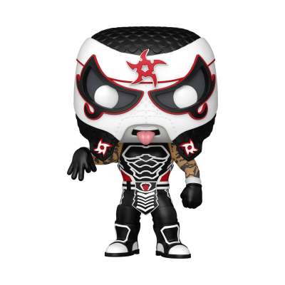 Figura colecionável Funko Pop com máscara branca, roupa preta com detalhes brancos e vermelhos, língua de fora e braços tatuados.