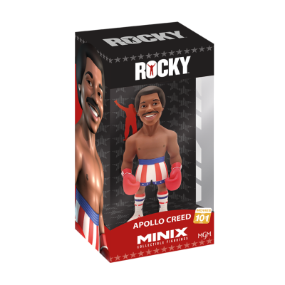 Boneco colecionável Apollo Creed Rocky em caixa de embalagem preta com texto e imagem do boneco.