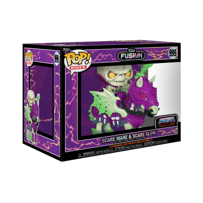 Figura POP! Rides Funko Fusion 999 de criatura esquelética montada em criatura roxa com asas verdes em caixa roxa