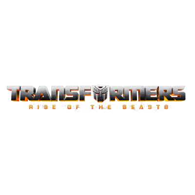 Logotipo do filme Transformers: Rise of the Beasts com letras metálicas cinza e laranja