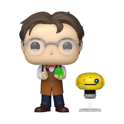 Figura de vinil de personagem com avental castanho e objeto verde, ao lado objeto amarelo sobre suporte