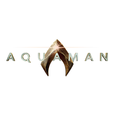 Logótipo do filme Aquaman com letras prateadas e símbolo dourado