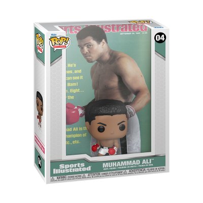 Brinquedo Funko Pop! Muhammad Ali com luvas vermelhas dentro de embalagem com capa da revista Sports Illustrated.