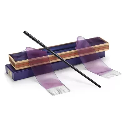 Varinha mágica preta com caixa azul e fita lilás translúcida