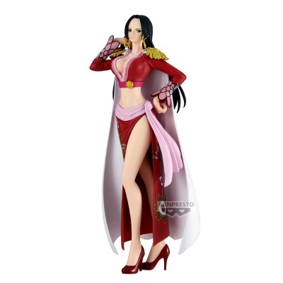 Figura colecionável de personagem feminina com vestido vermelho e casaco branco