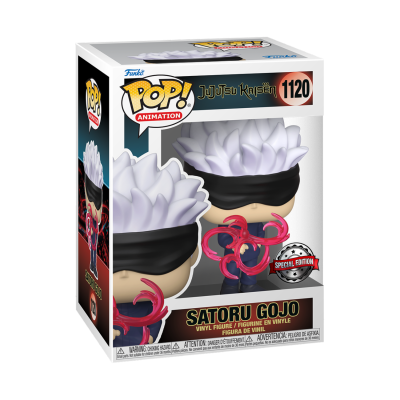 Figura Funko Pop! Satoru Gojo com cabelo branco e venda preta, na caixa