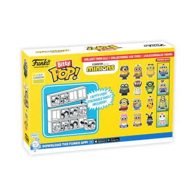 Caixa Funko Bitty Pop! Minions com miniaturas colecionáveis numa prateleira empilhável