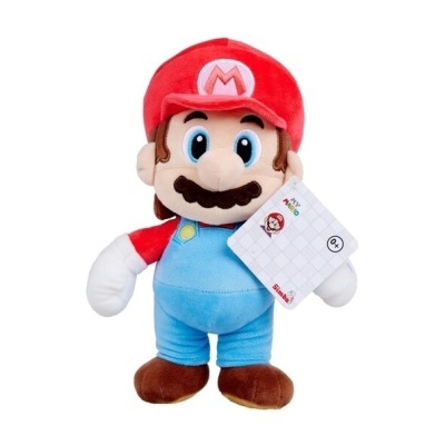 Boneco de peluche Mario com roupa azul e vermelho e etiqueta branca