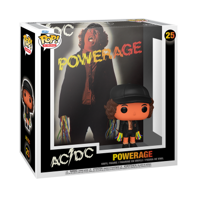 Funko Pop! AC/DC Powerage figura de vinil na caixa preta com imagem do álbum Powerage