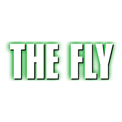 Texto THE FLY em letras brancas com sombra preta e brilho verde