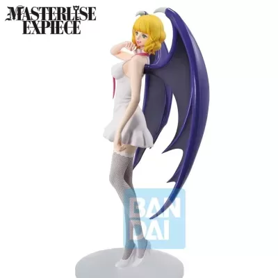 Figura colecionável feminina com vestido branco e asas roxas em base branca