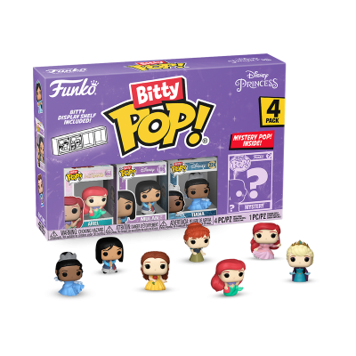 Caixa roxa de Funko Bitty Pop! Disney Princesas com miniaturas coloridas das personagens Ariel, Pocahontas, Belle e Tiana