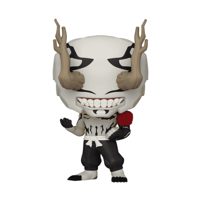 Boneco Funko Pop branco com chifres castanhos e flor vermelha