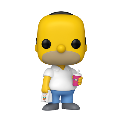 Figura Funko Pop personagem amarelo camisa branca calças azuis saco papel copo cor-de-rosa
