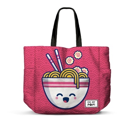 Mala de tecido rosa com ilustração de tigela de noodles sorridente e texto OH MY POP!