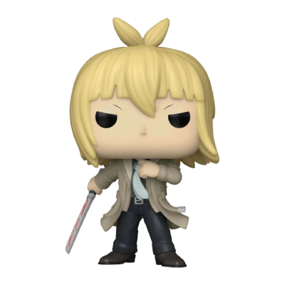 Boneco Funko Pop com cabelo loiro, roupa formal azul e casaco bege, segurando uma espada