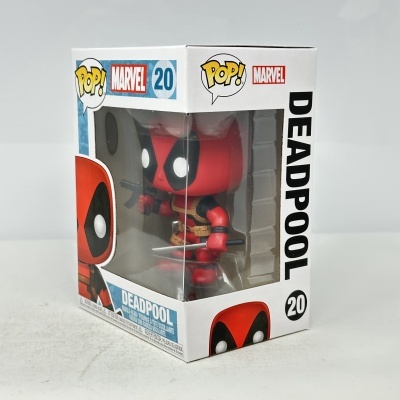 Figura Funko Pop Deadpool na embalagem branca com texto e número 20