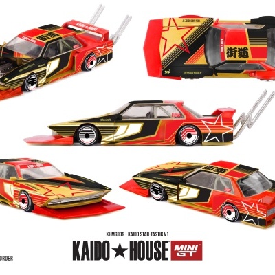 Miniatura de carro desportivo vermelho, preto e dourado com gráficos e insígnias KAIDO HOUSE