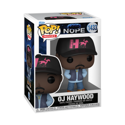 Funko Pop! figura O.J. Haywood com casaco azul e boné preto com logo rosa na caixa
