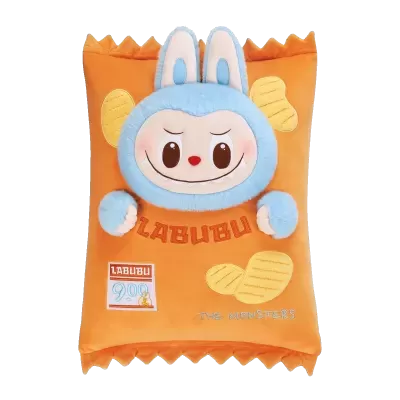 Almofada de peluche laranja com personagem azul e bordados